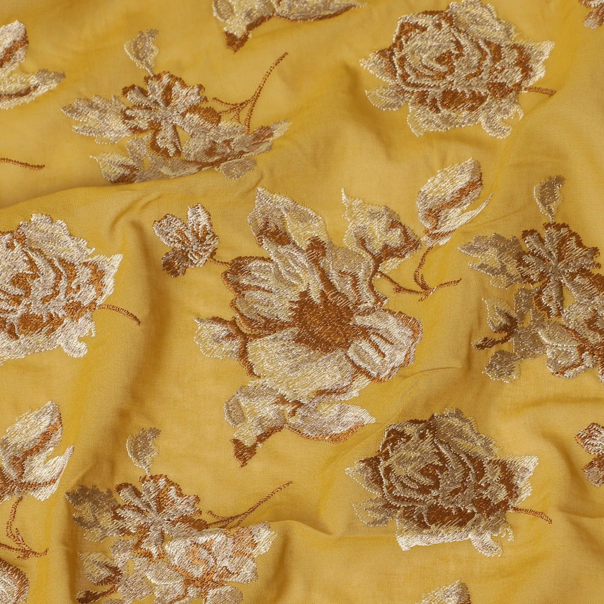 Mustard yellow cotton voile fabric with beige and brown embroidery in floral design-D14474