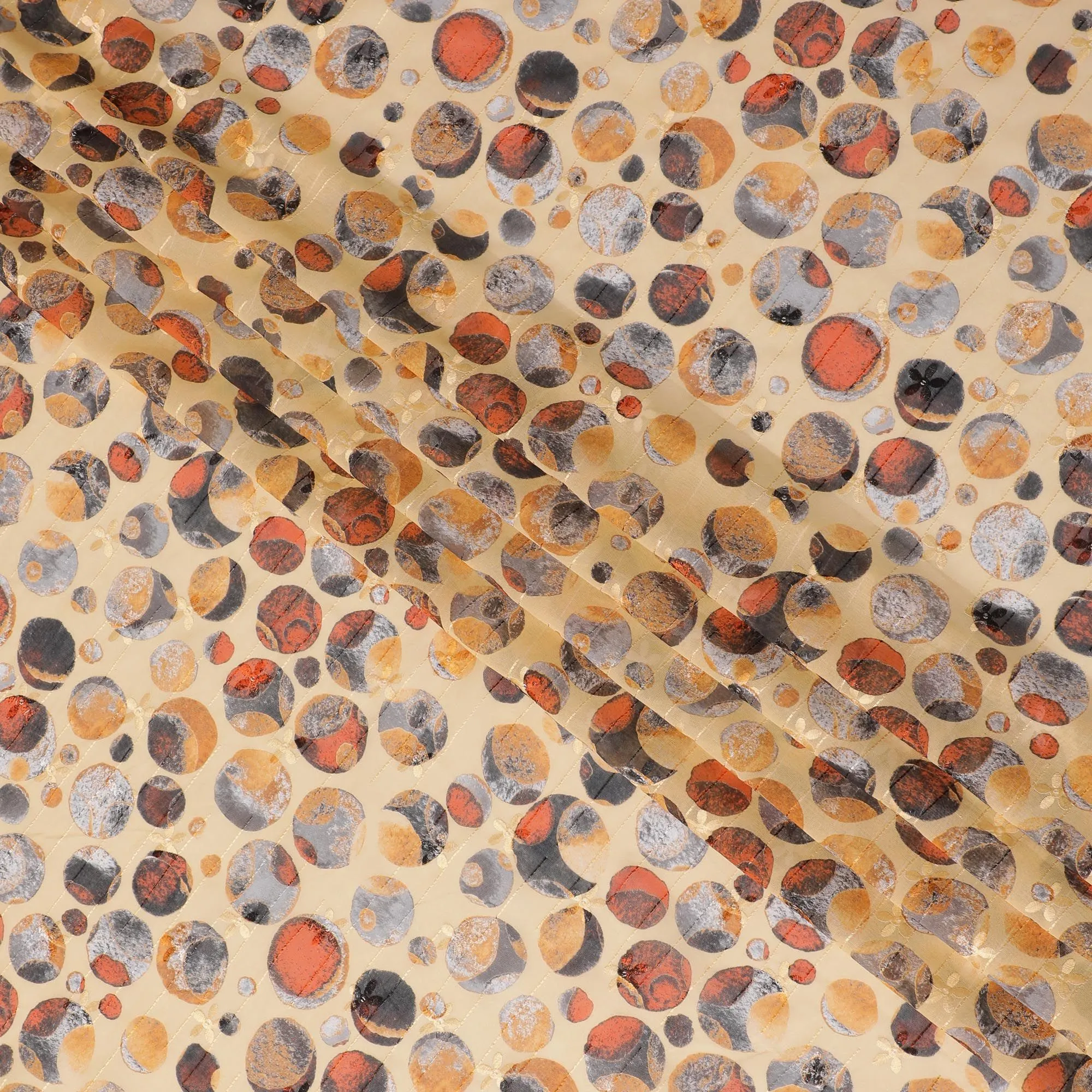 Mustard yellow cotton voile fabric with same tone embroidery and multicolor print in dot design-D16572
