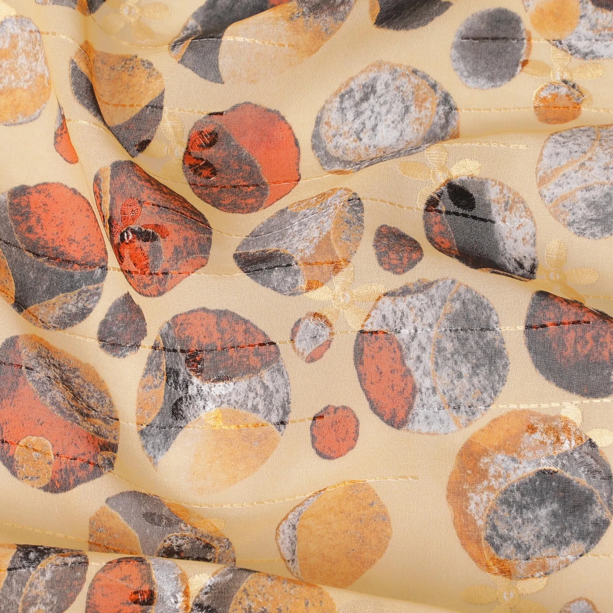 Mustard yellow cotton voile fabric with same tone embroidery and multicolor print in dot design-D16572