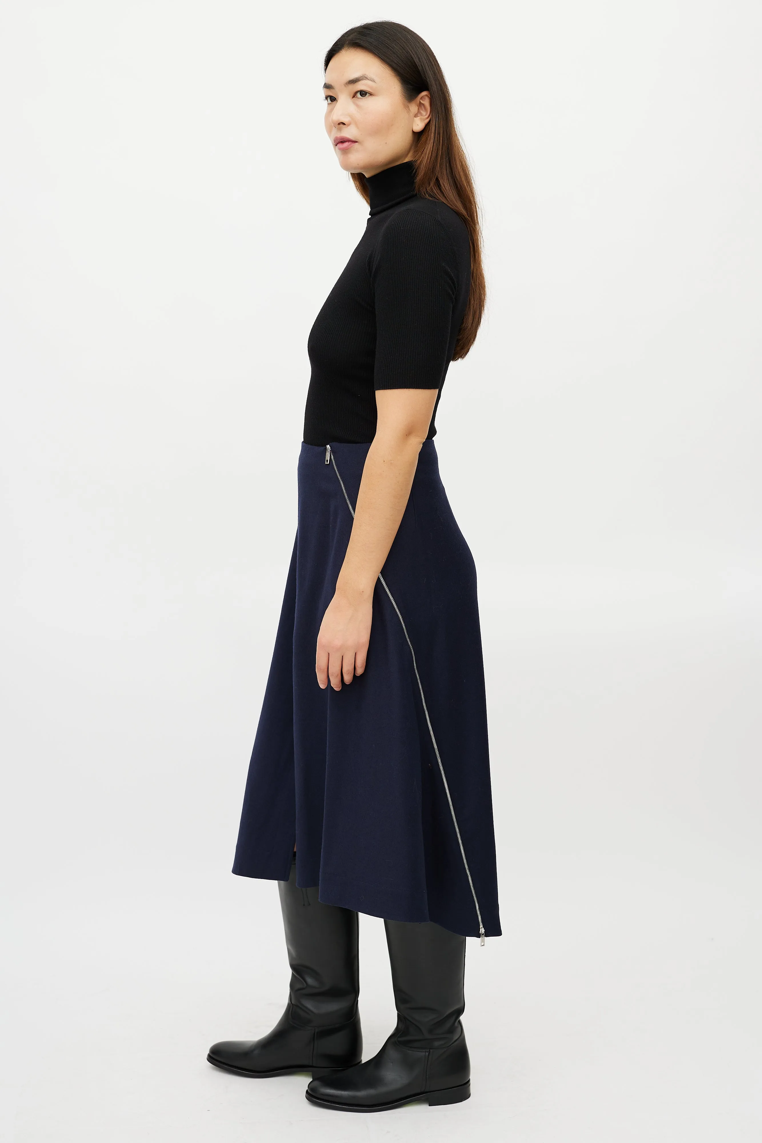 Navy Wool Zip Skirt