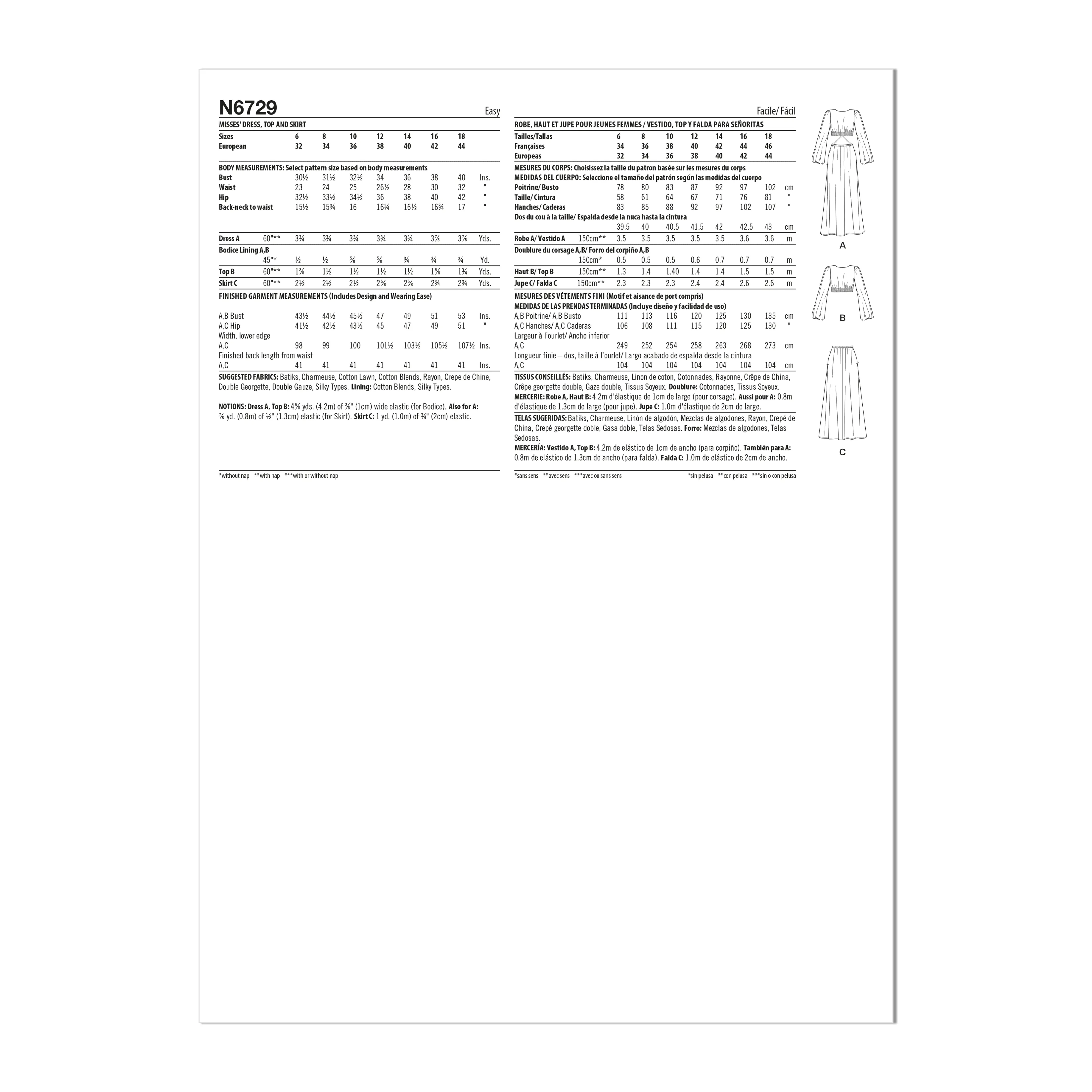 Newlook Pattern 6729 Misses' Dress, Top and Skirt