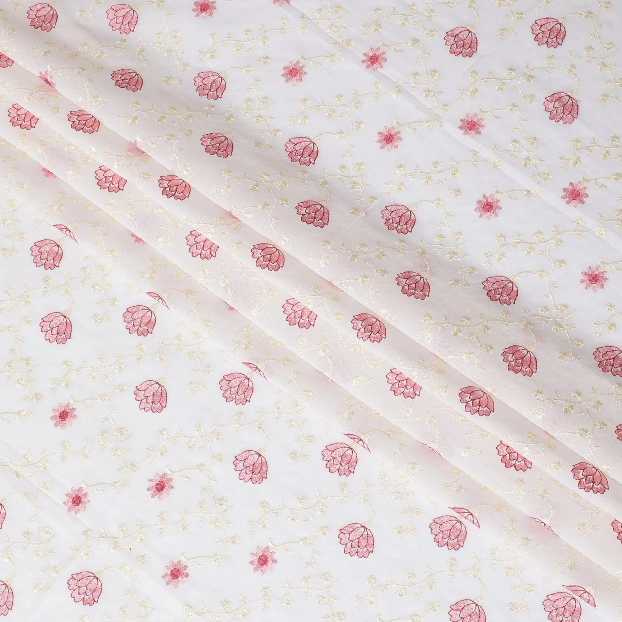 Off white cotton voile fabric with beige and baby pink embroidery in floral design-D11939