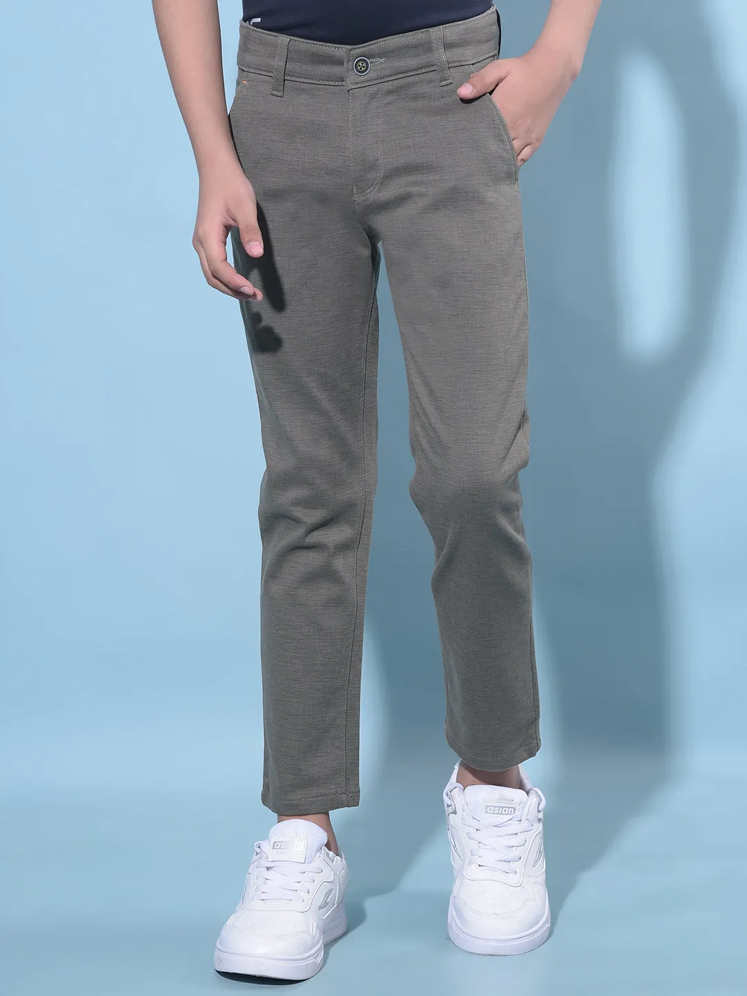 Olive Printed Cotton Chinos Trousers