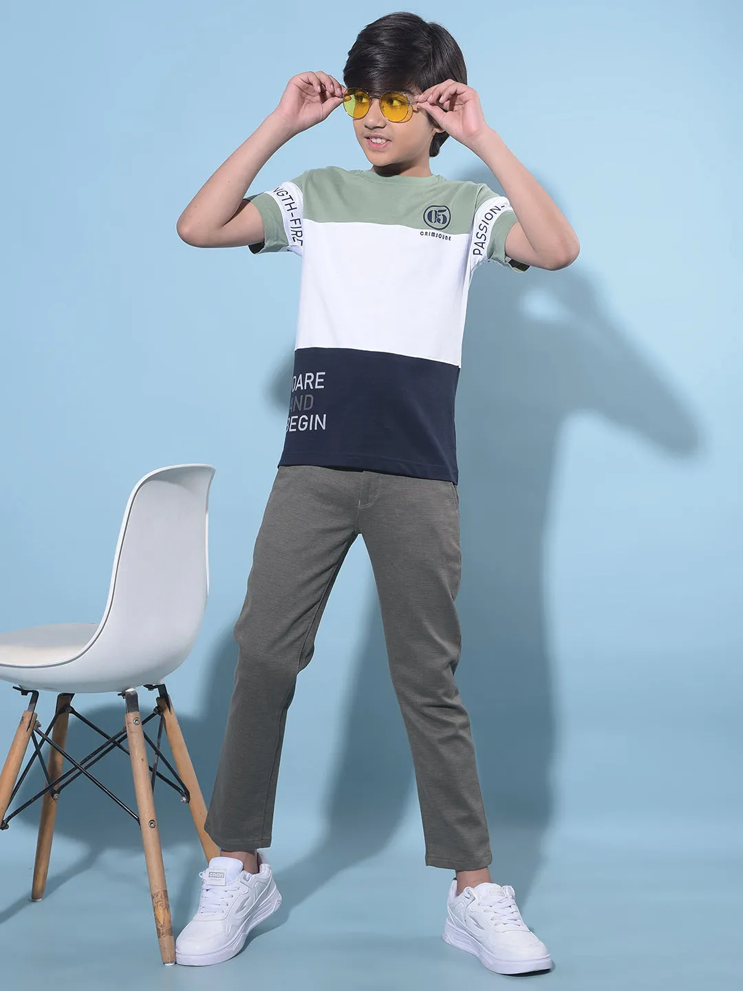Olive Printed Cotton Chinos Trousers