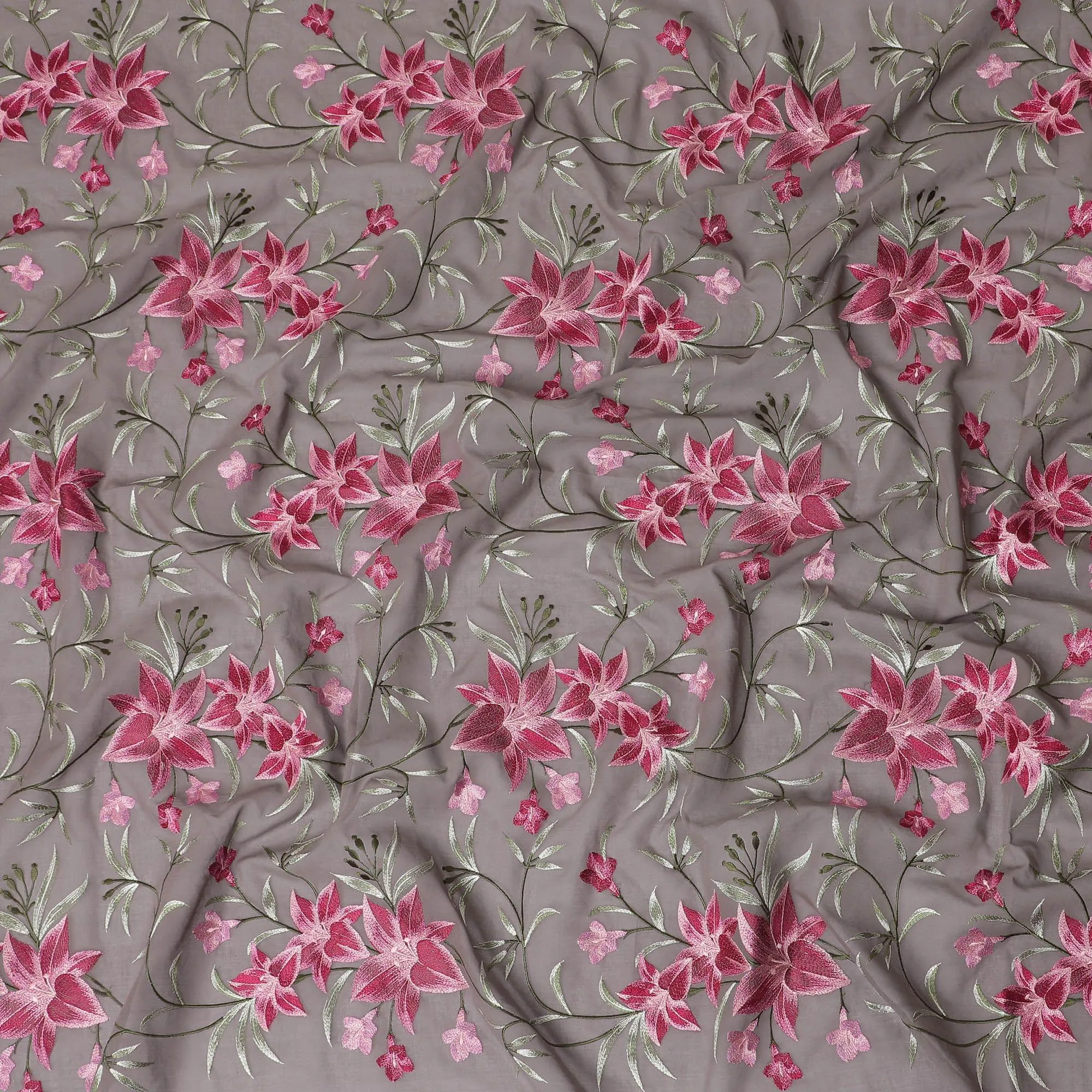 Pale brown Premium pure cotton voile fabric with magenta pink, sage green and mint green embroidery in floral design-D15244