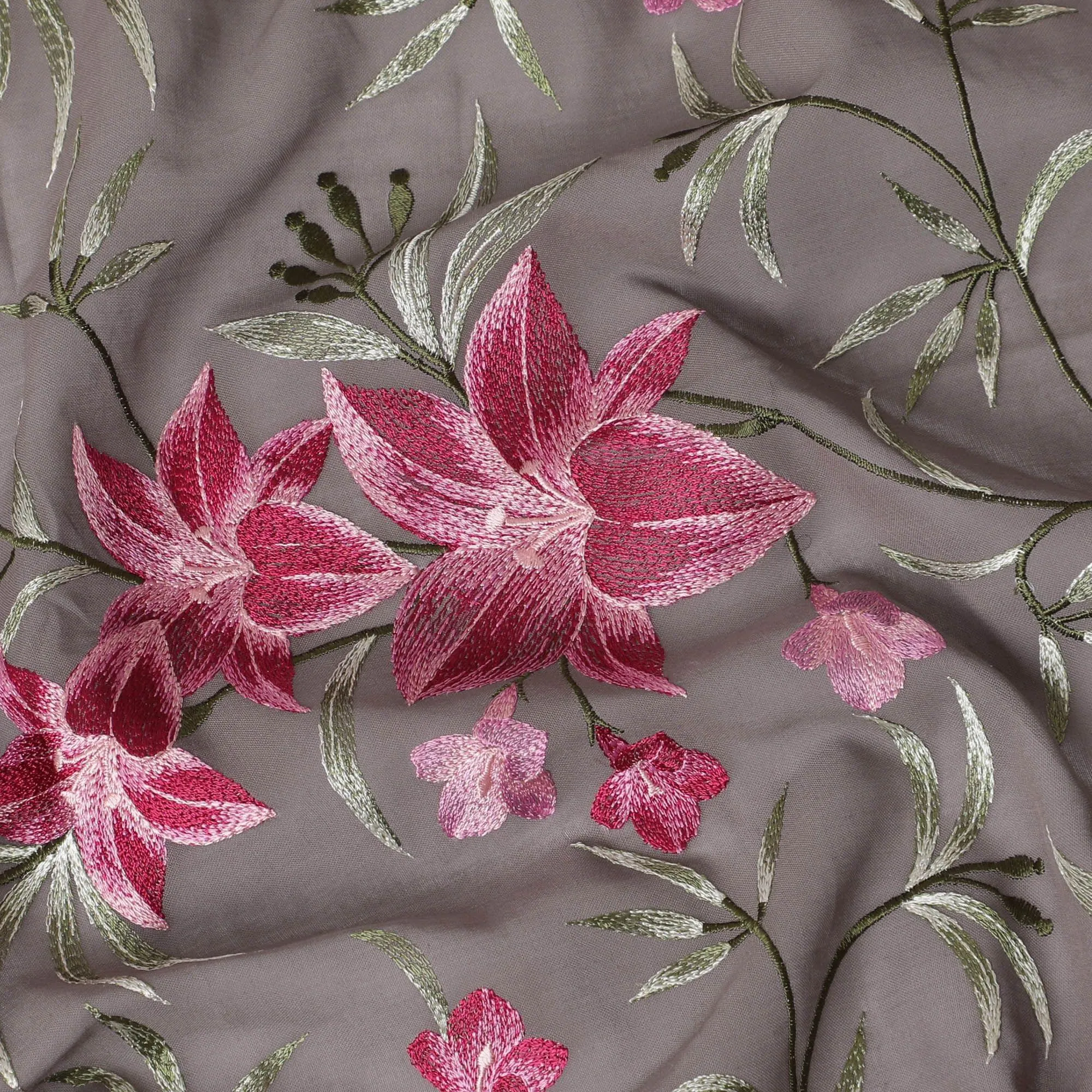 Pale brown Premium pure cotton voile fabric with magenta pink, sage green and mint green embroidery in floral design-D15244