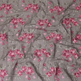 Pale brown Premium pure cotton voile fabric with magenta pink, sage green and mint green embroidery in floral design-D15244