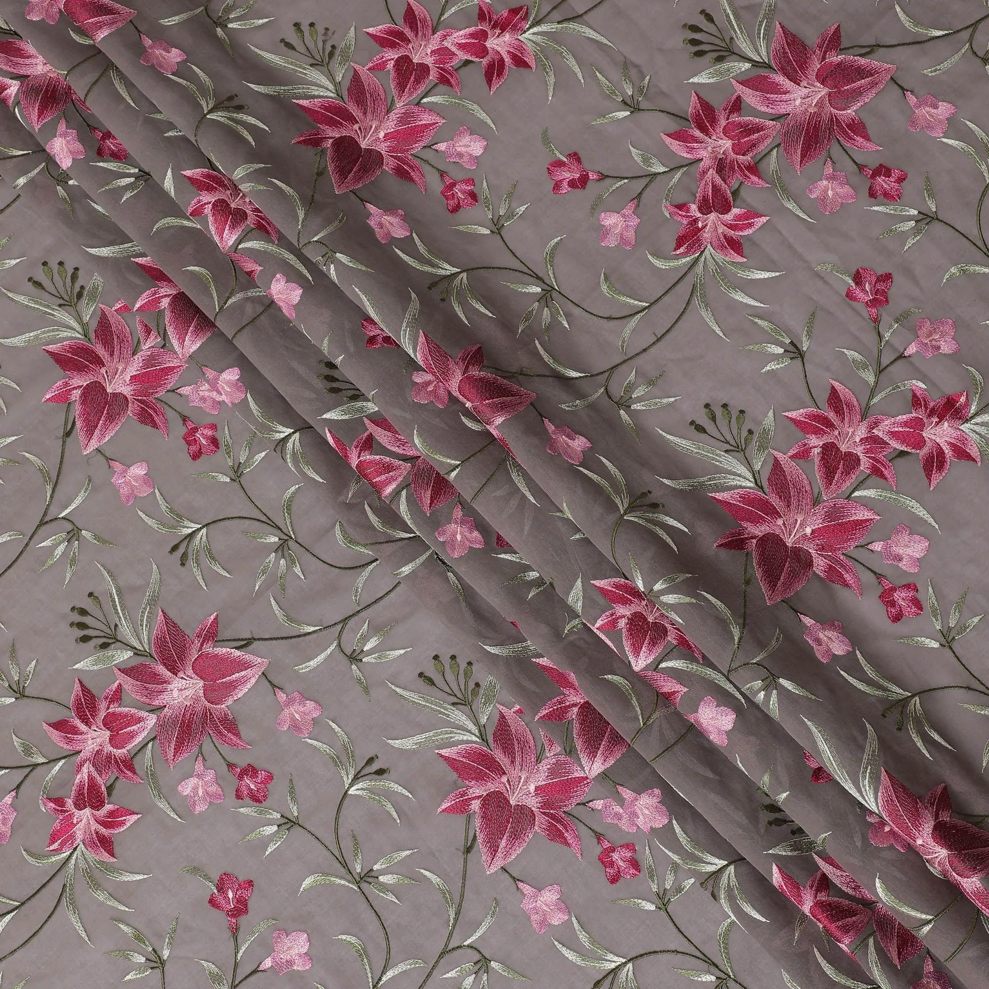 Pale brown Premium pure cotton voile fabric with magenta pink, sage green and mint green embroidery in floral design-D15244