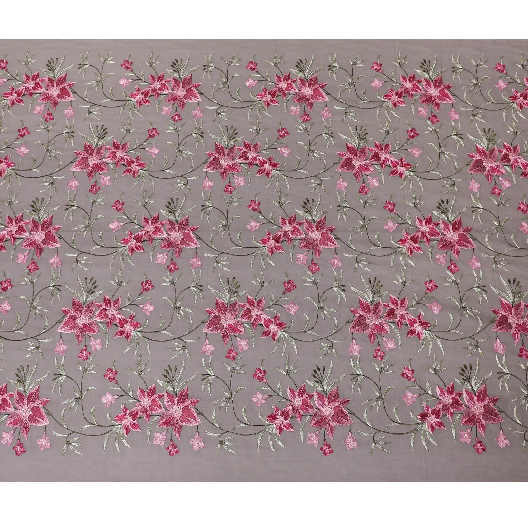 Pale brown Premium pure cotton voile fabric with magenta pink, sage green and mint green embroidery in floral design-D15244