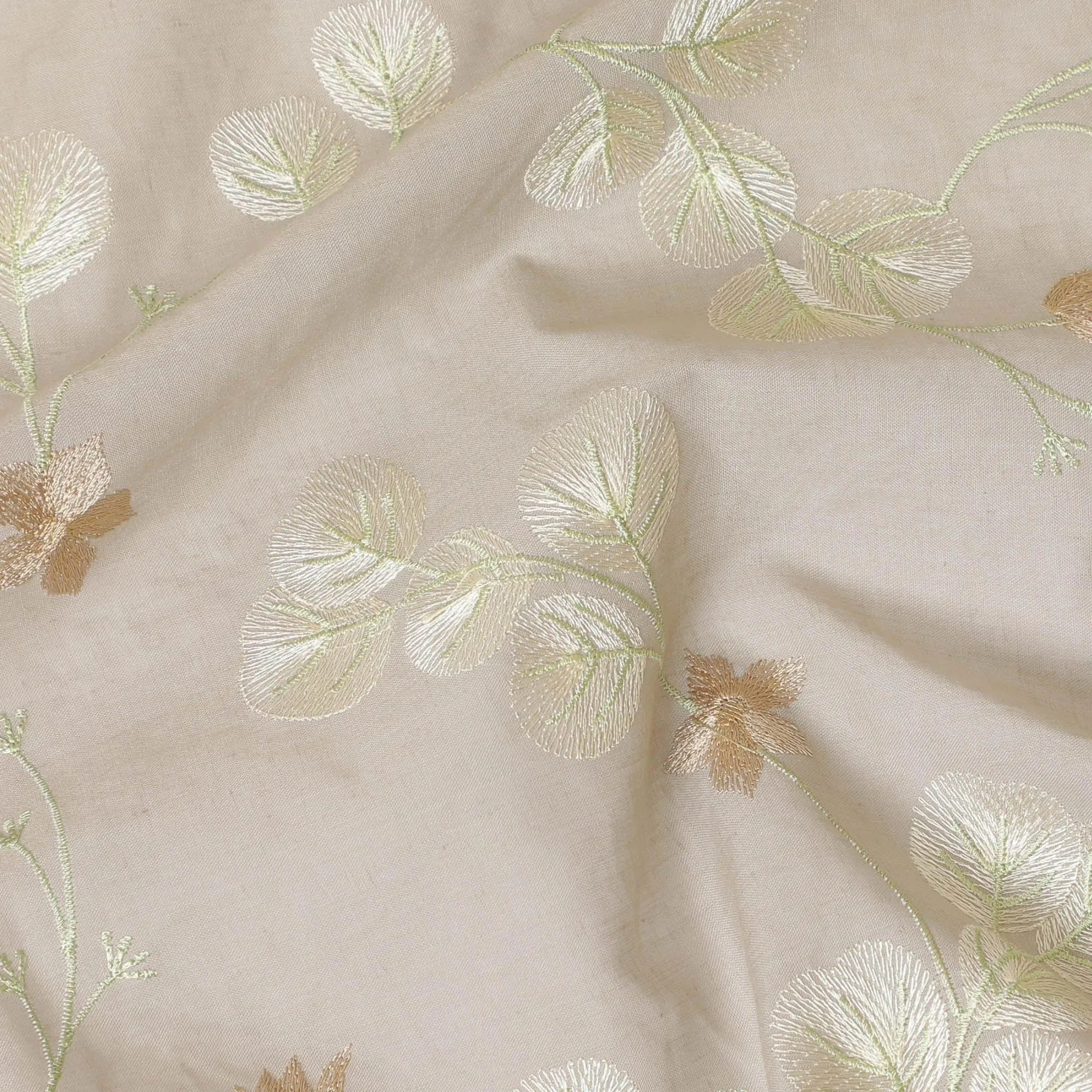 Pale brown premium pure cotton voile fabric with same tone and beige embroidery in floral design-D13614