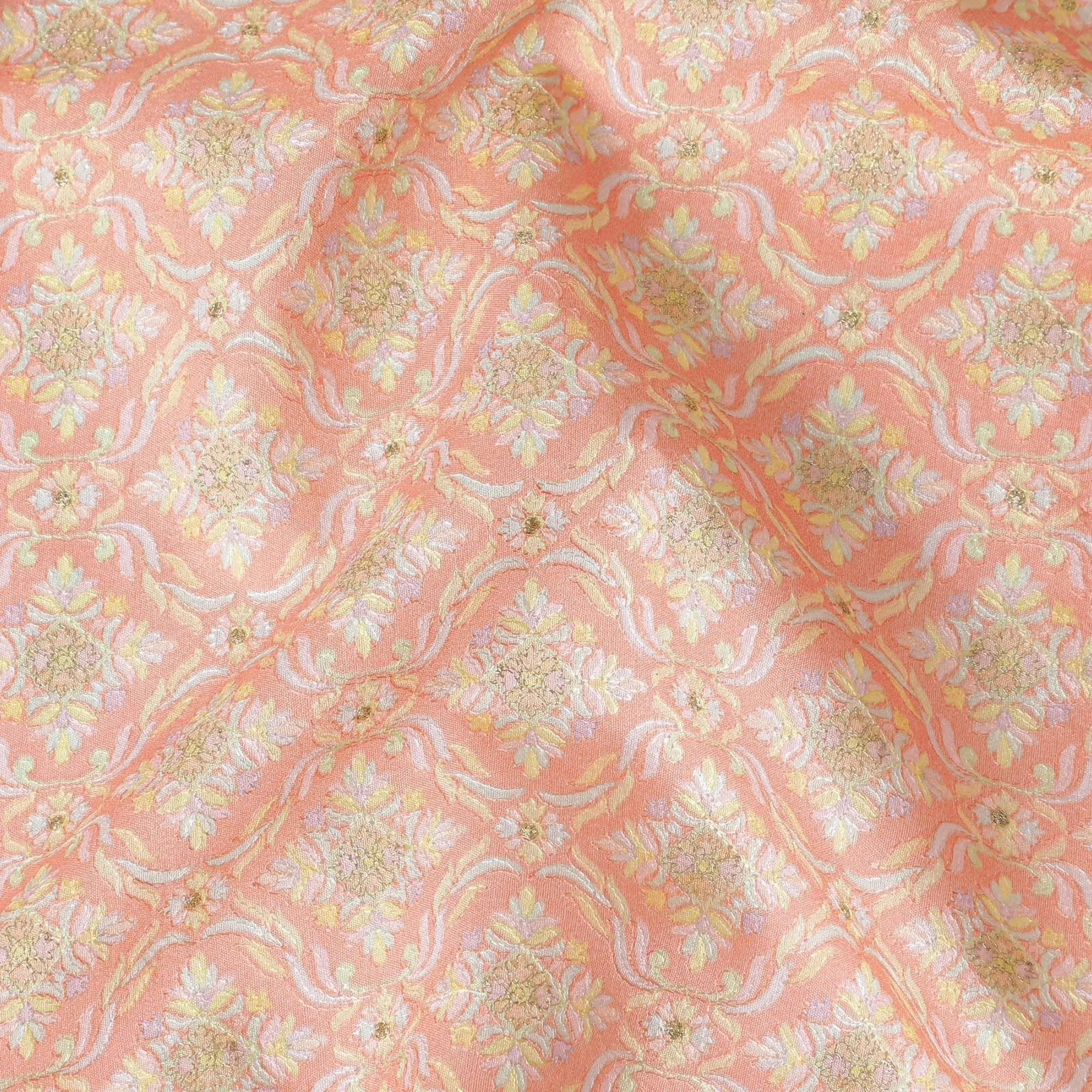 Peach blended cotton silk fabric with multicolor embroidery in floral design-D15475