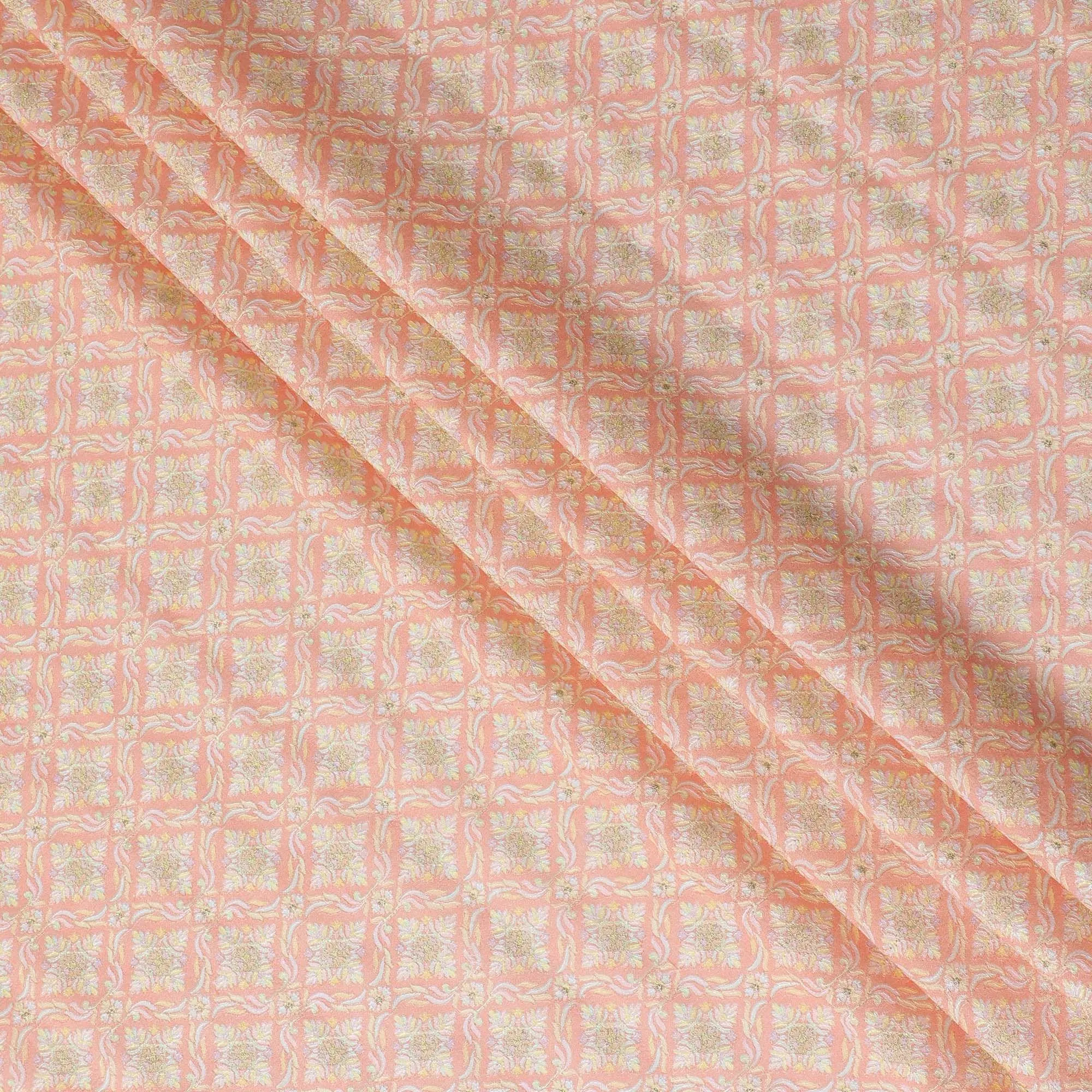 Peach blended cotton silk fabric with multicolor embroidery in floral design-D15475