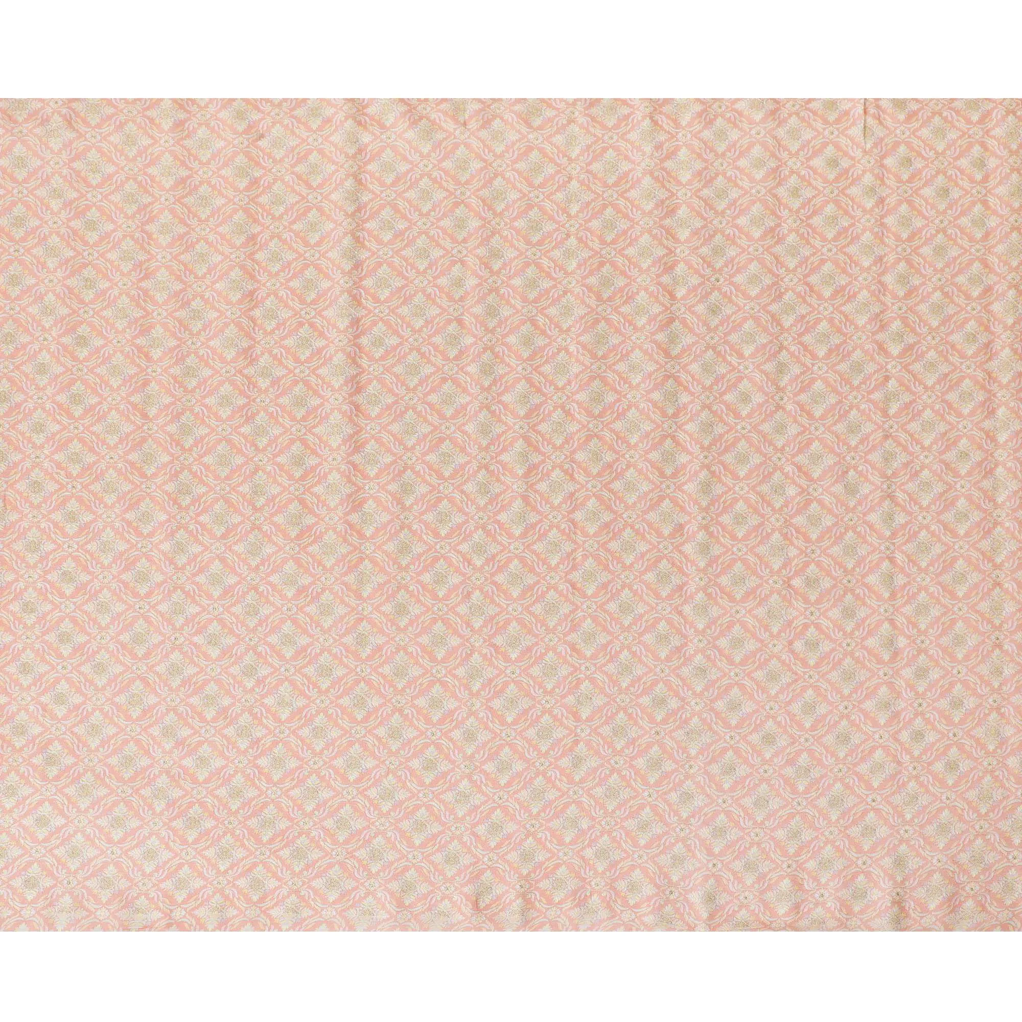 Peach blended cotton silk fabric with multicolor embroidery in floral design-D15475