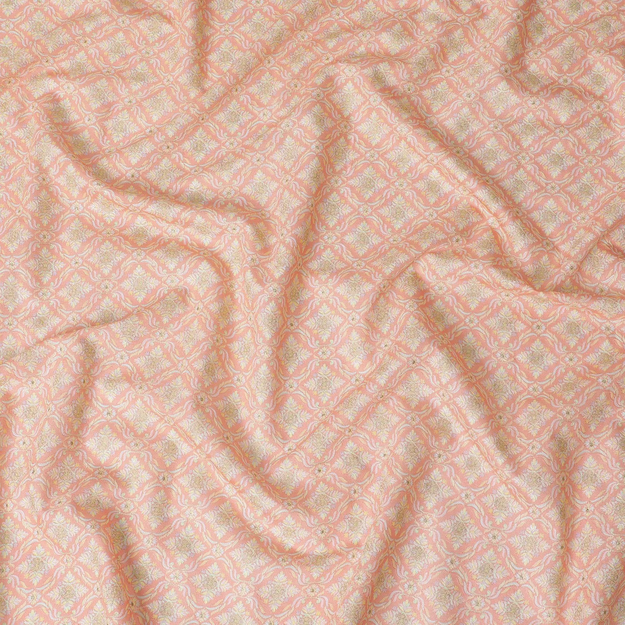 Peach blended cotton silk fabric with multicolor embroidery in floral design-D15475