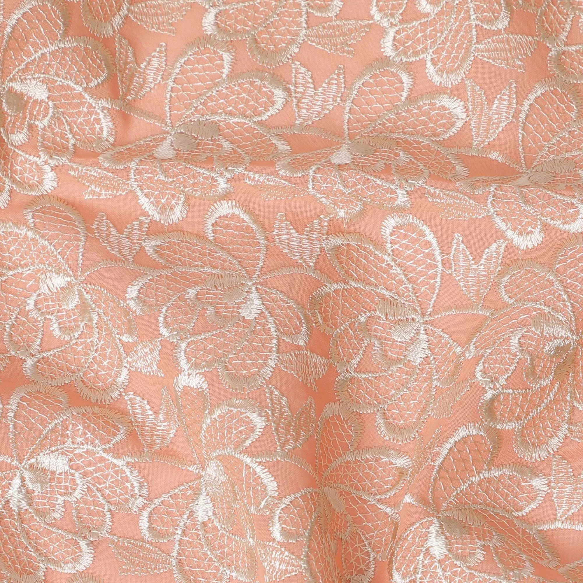 Peach Premium pure cotton voile fabric with beige embroidery in floral design-D16977