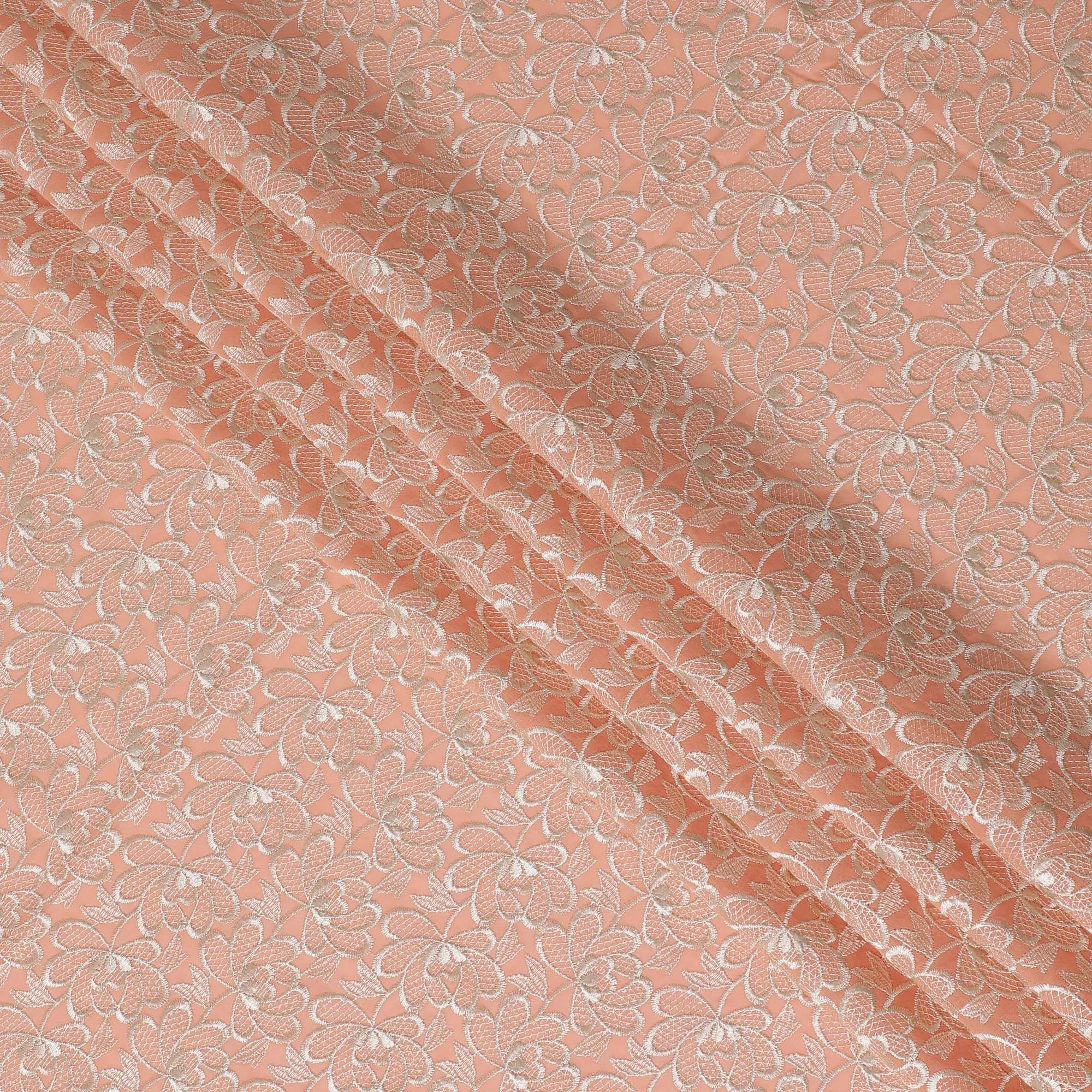 Peach Premium pure cotton voile fabric with beige embroidery in floral design-D16977
