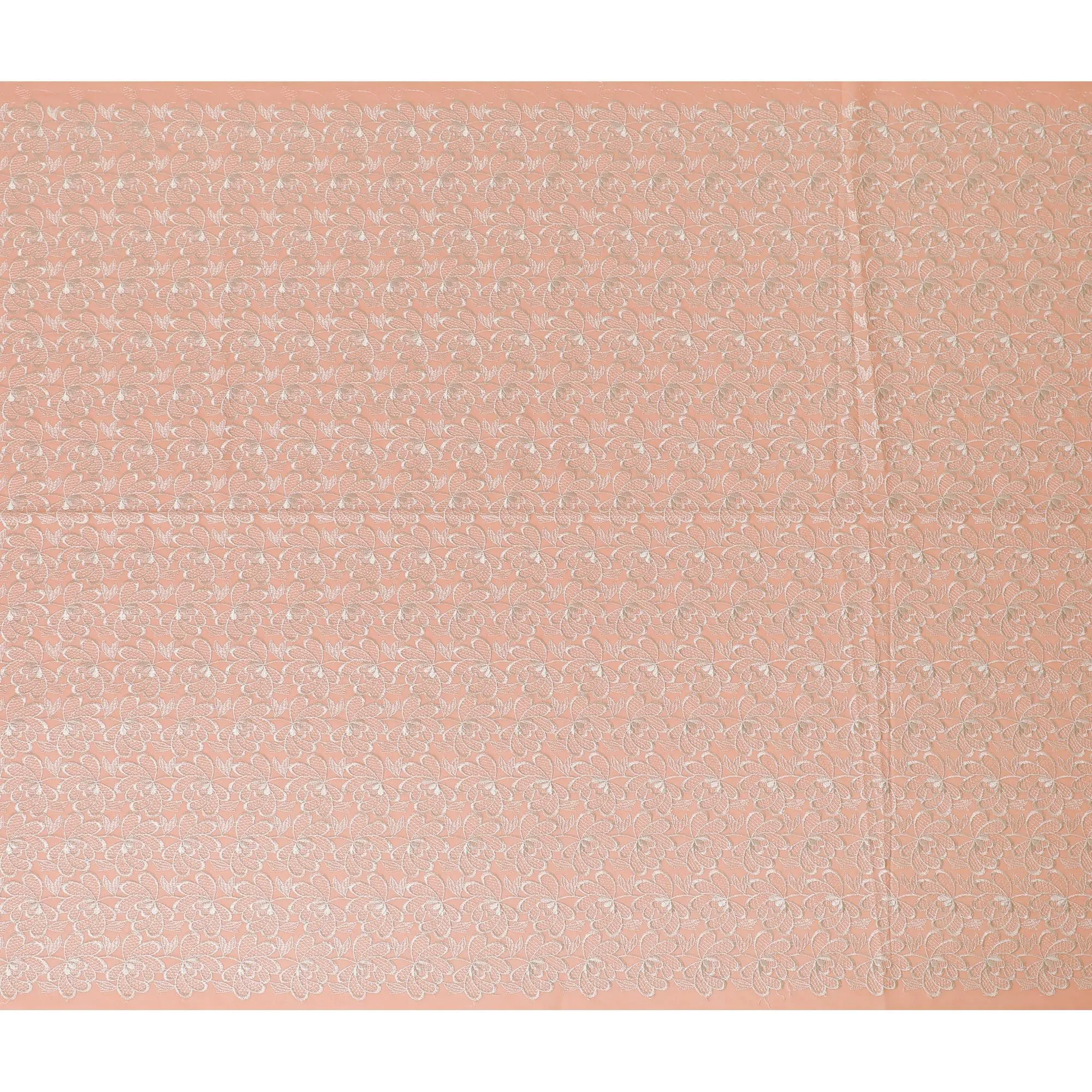 Peach Premium pure cotton voile fabric with beige embroidery in floral design-D16977