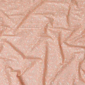Peach Premium pure cotton voile fabric with beige embroidery in floral design-D16977
