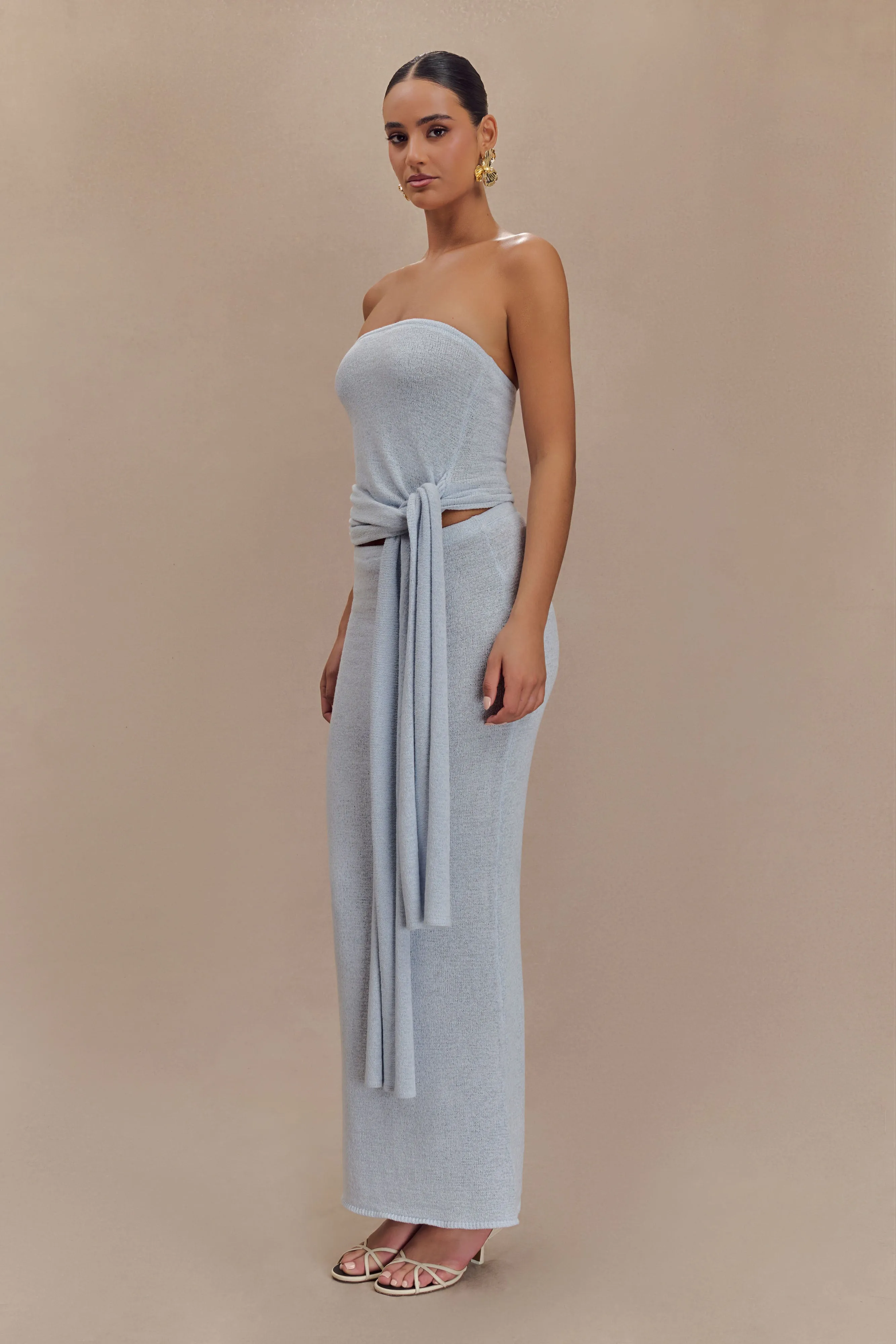 Phoebe Strapless Tie Knit Top - Ice Blue
