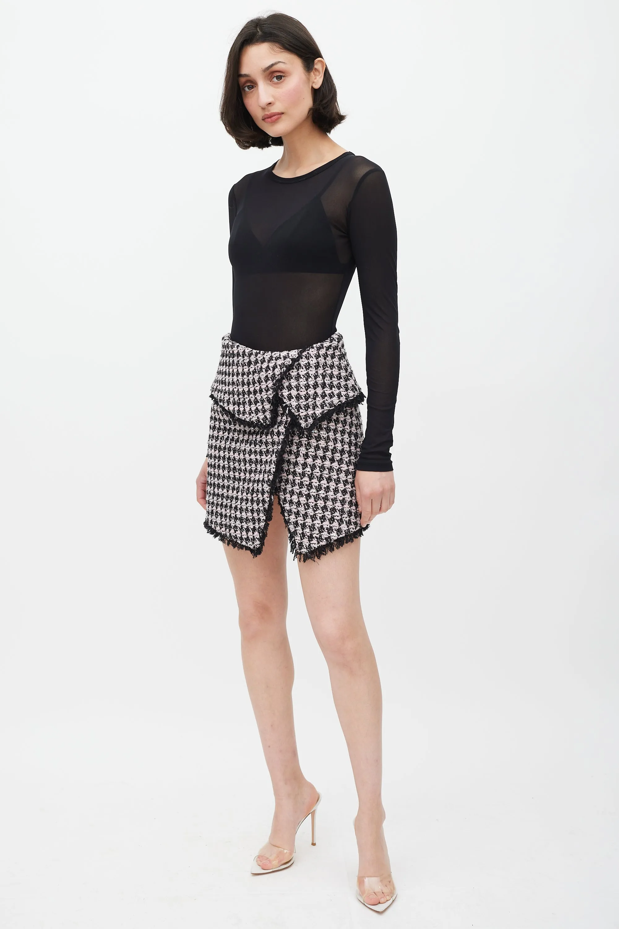 Pink & Black Wool Houndstooth Sequin Skirt