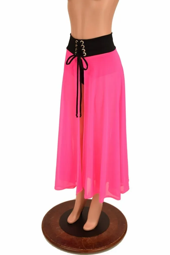 Pink Mesh Lace Up Front Skirt