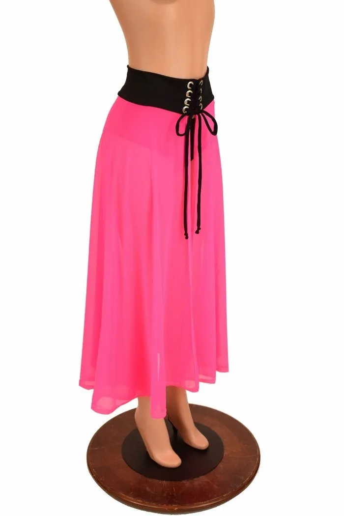 Pink Mesh Lace Up Front Skirt