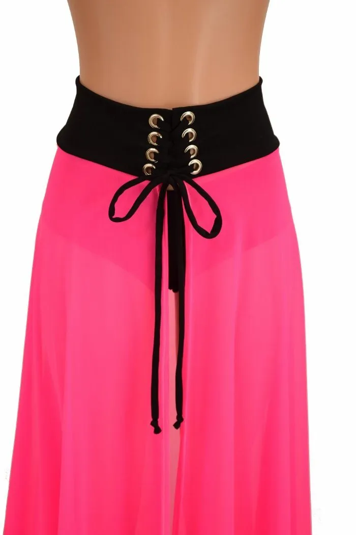 Pink Mesh Lace Up Front Skirt