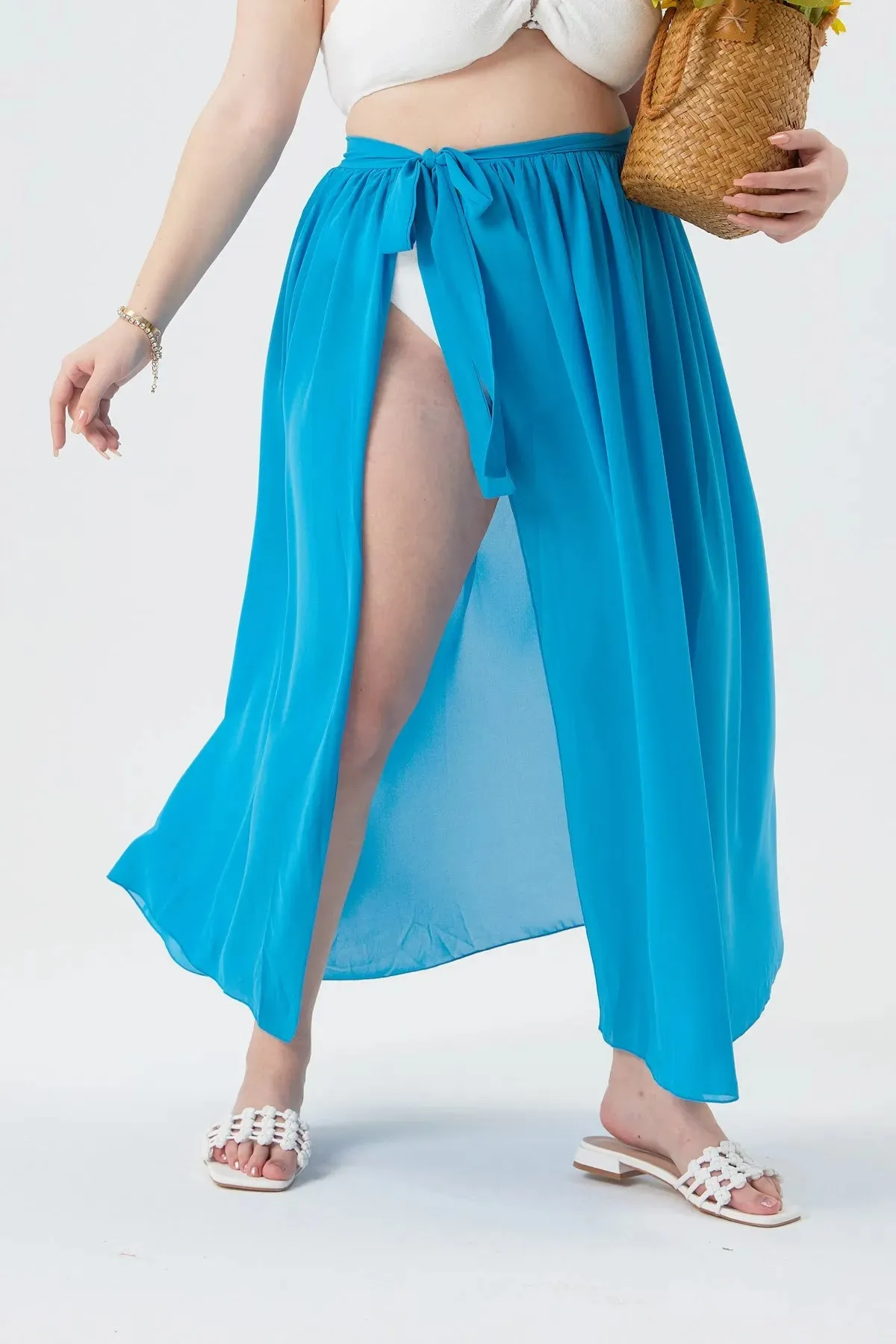Plain Sheer Wrap Elastic Waist Maxi Skirt