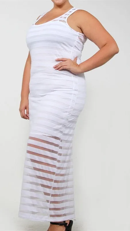 Plus Size Sheer Maxi Tank Sheer Stripe Dress in White