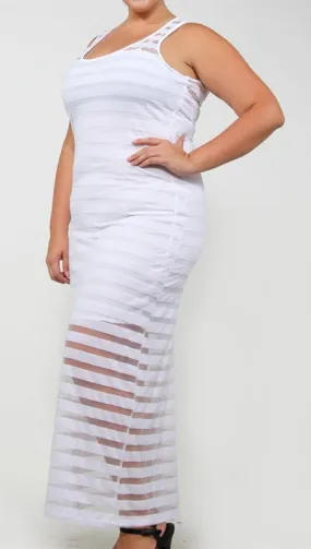 Plus Size Sheer Maxi Tank Sheer Stripe Dress in White