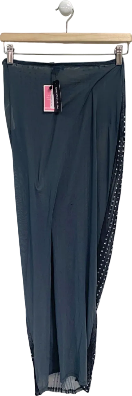 PrettyLittleThing Black Printed Mesh Diamante Hot Fix Low Rise Maxi Skirt UK 10