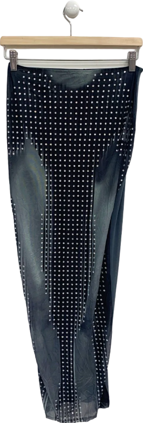 PrettyLittleThing Black Printed Mesh Diamante Hot Fix Low Rise Maxi Skirt UK 10