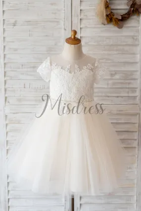 Princess Short Sleeves Ivory Lace Champagne Tulle Wedding Flower Girl Dress
