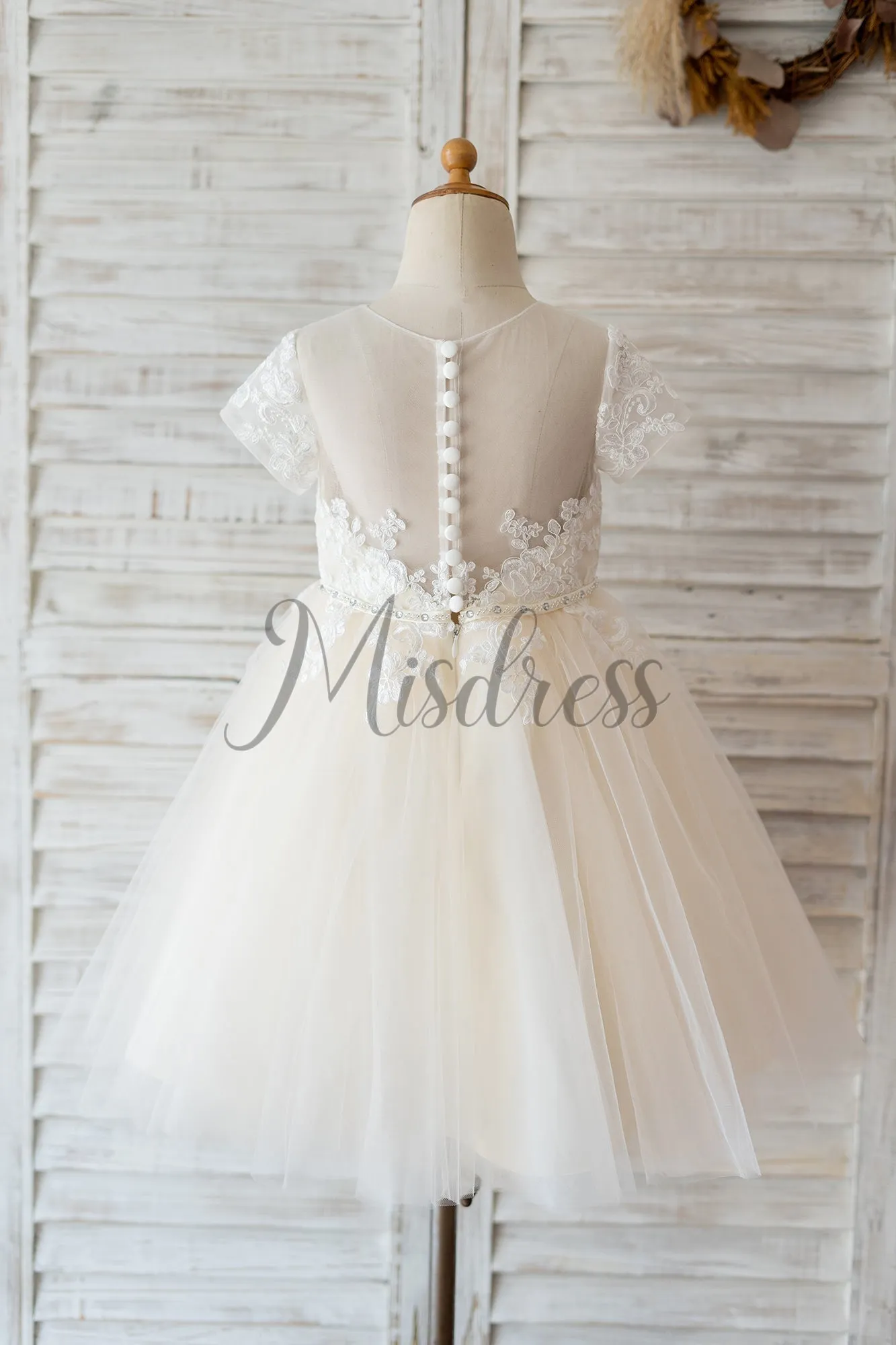 Princess Short Sleeves Ivory Lace Champagne Tulle Wedding Flower Girl Dress