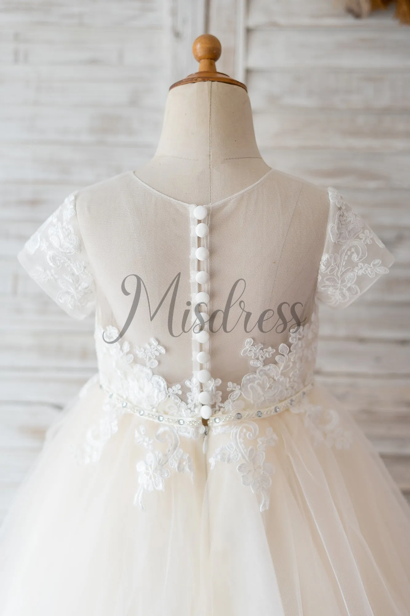 Princess Short Sleeves Ivory Lace Champagne Tulle Wedding Flower Girl Dress