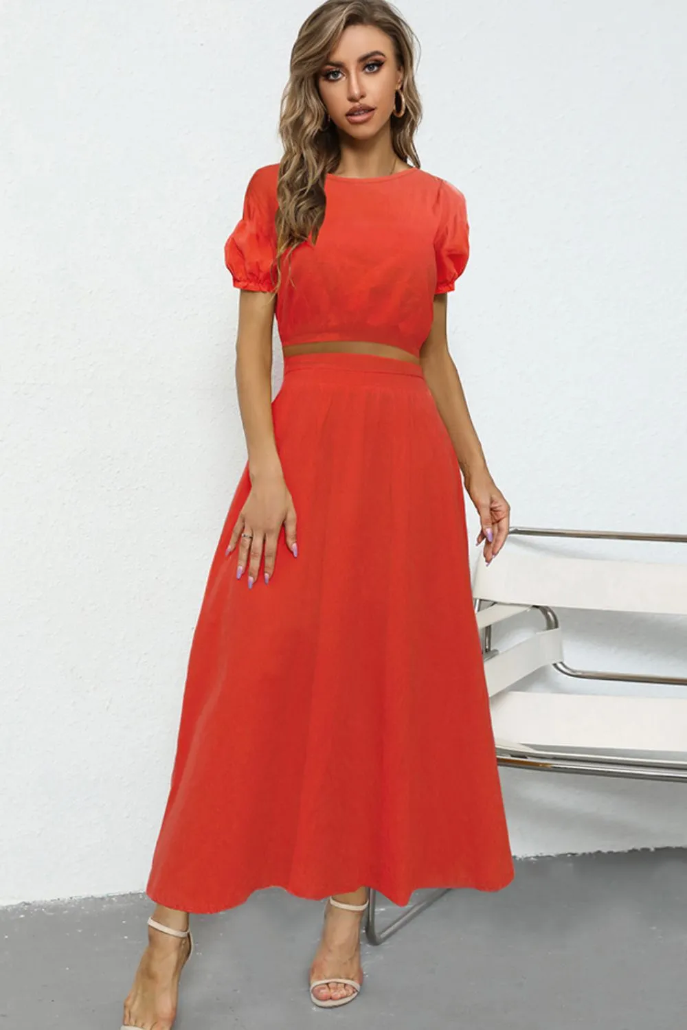 Puff Sleeve Crop Top and Maxi Skirt Set