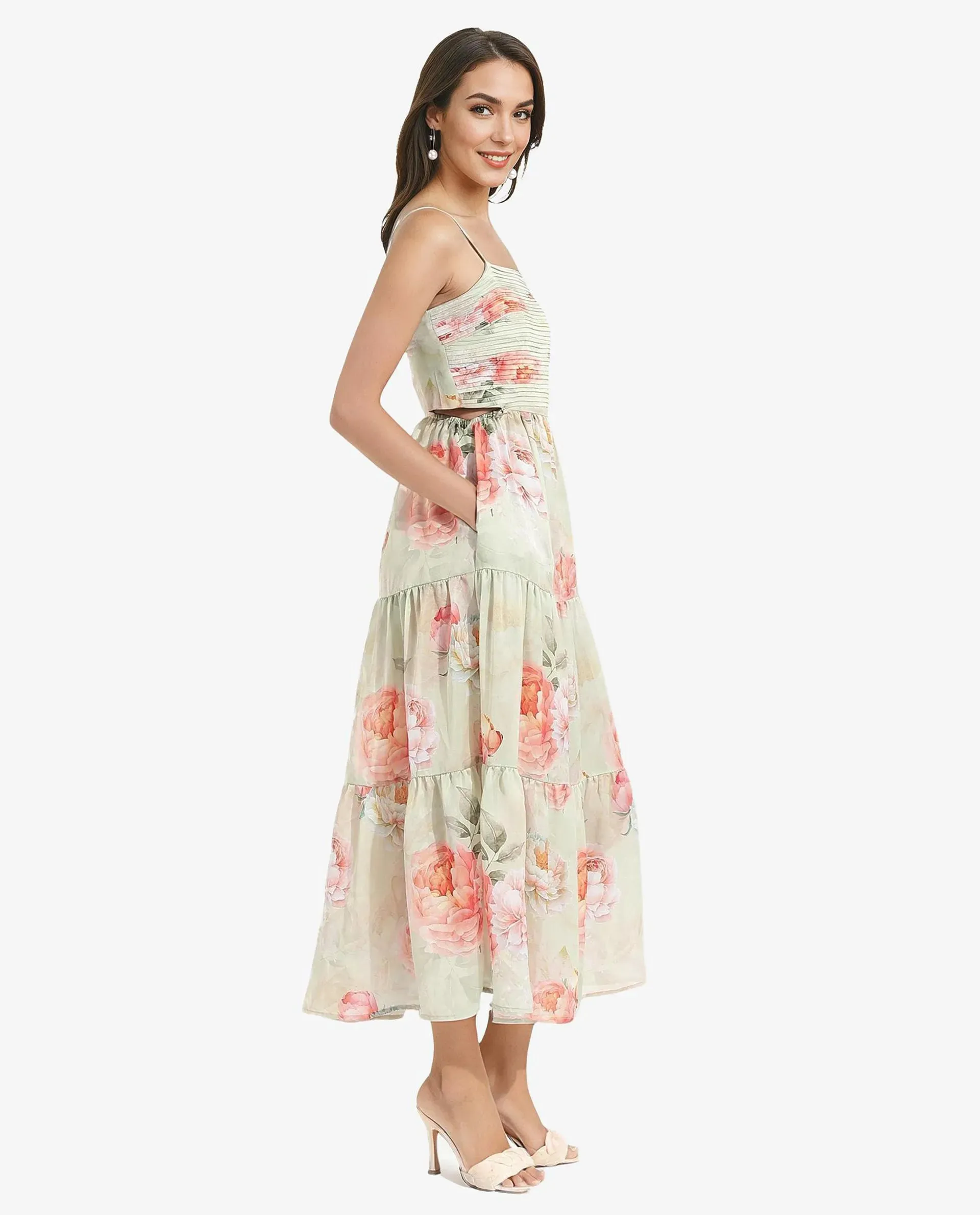 Rareism Women Imola Light Multi Sleeveless Shoulder Straps Zip Fit And Flare Maxi Floral Print Dress