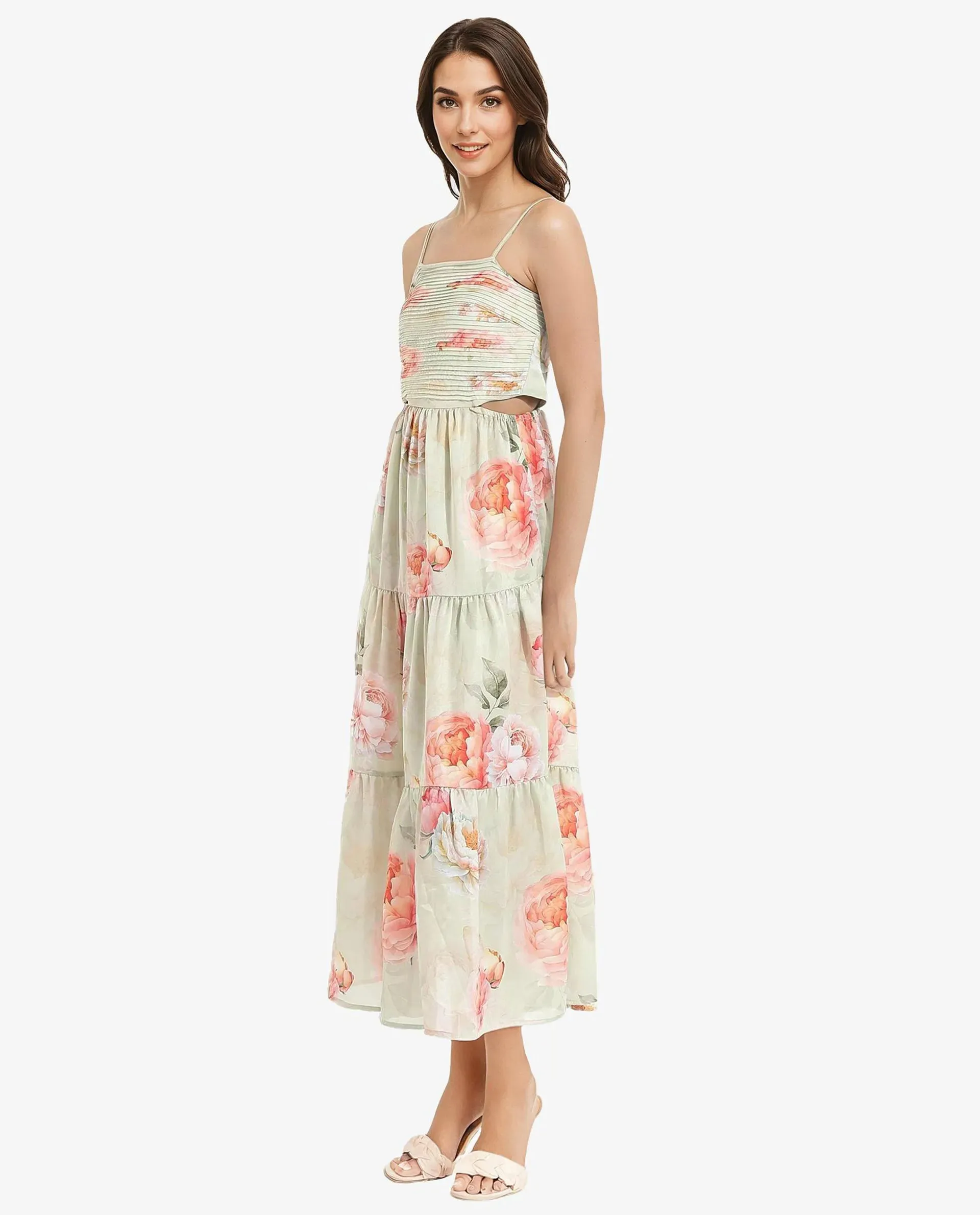 Rareism Women Imola Light Multi Sleeveless Shoulder Straps Zip Fit And Flare Maxi Floral Print Dress