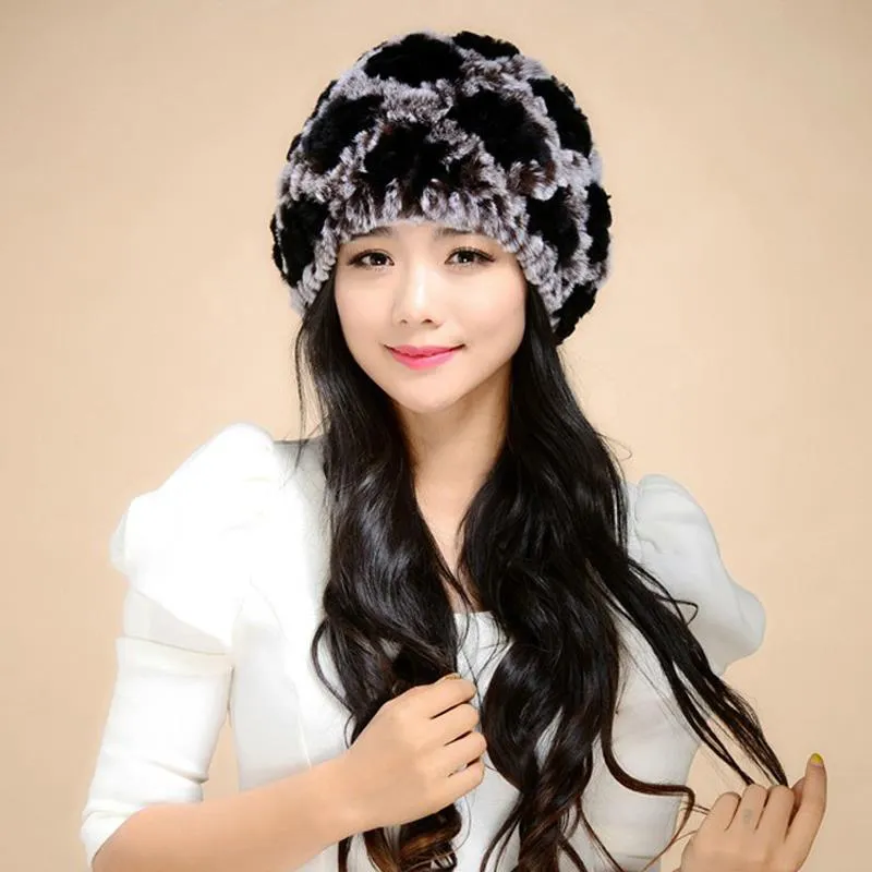 Real Rex Rabbit Fur Hat Thick Wool Beanie Hat Cap Ladies' Headgear 13606