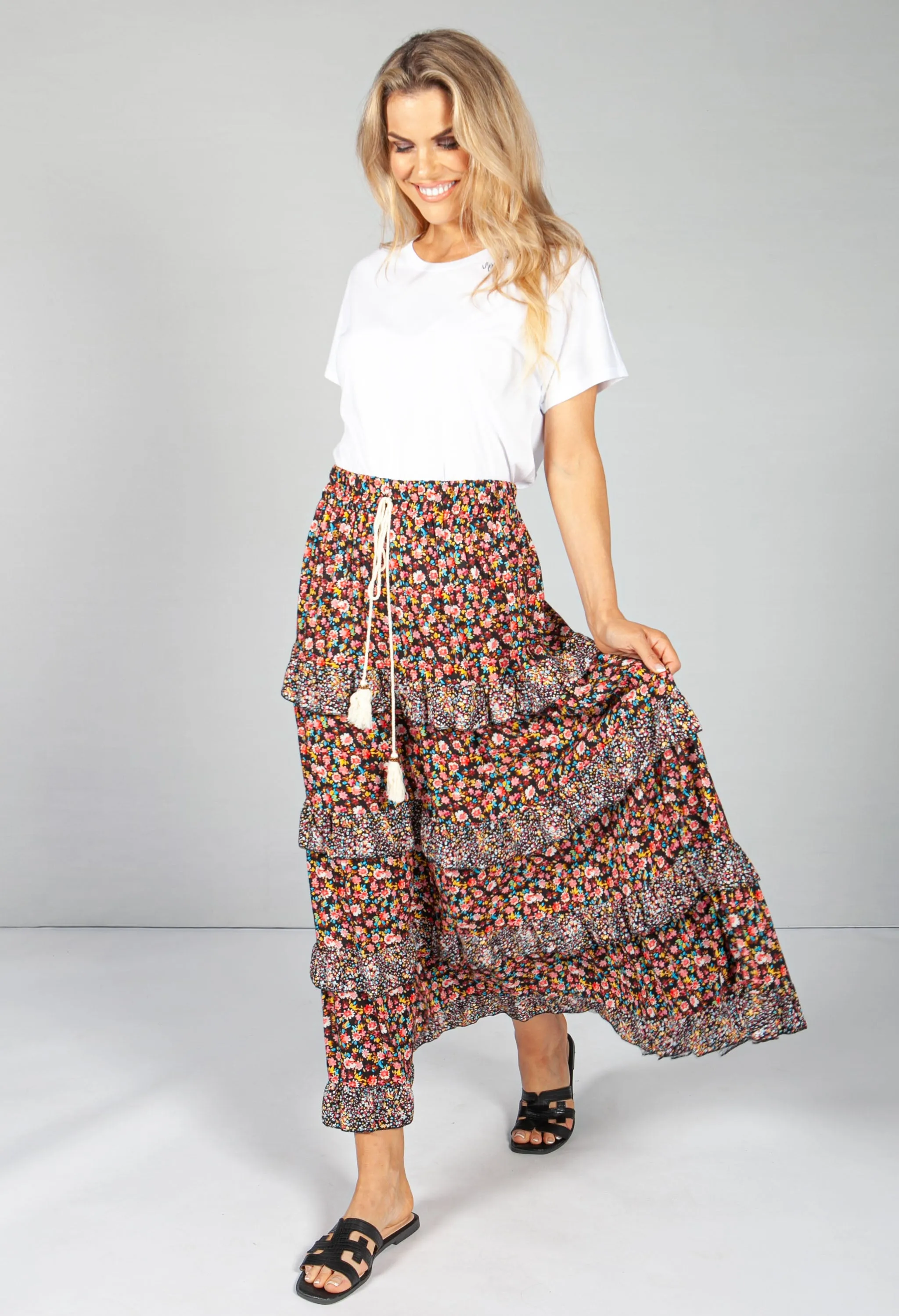 Red & Black Floral Maxi Skirt