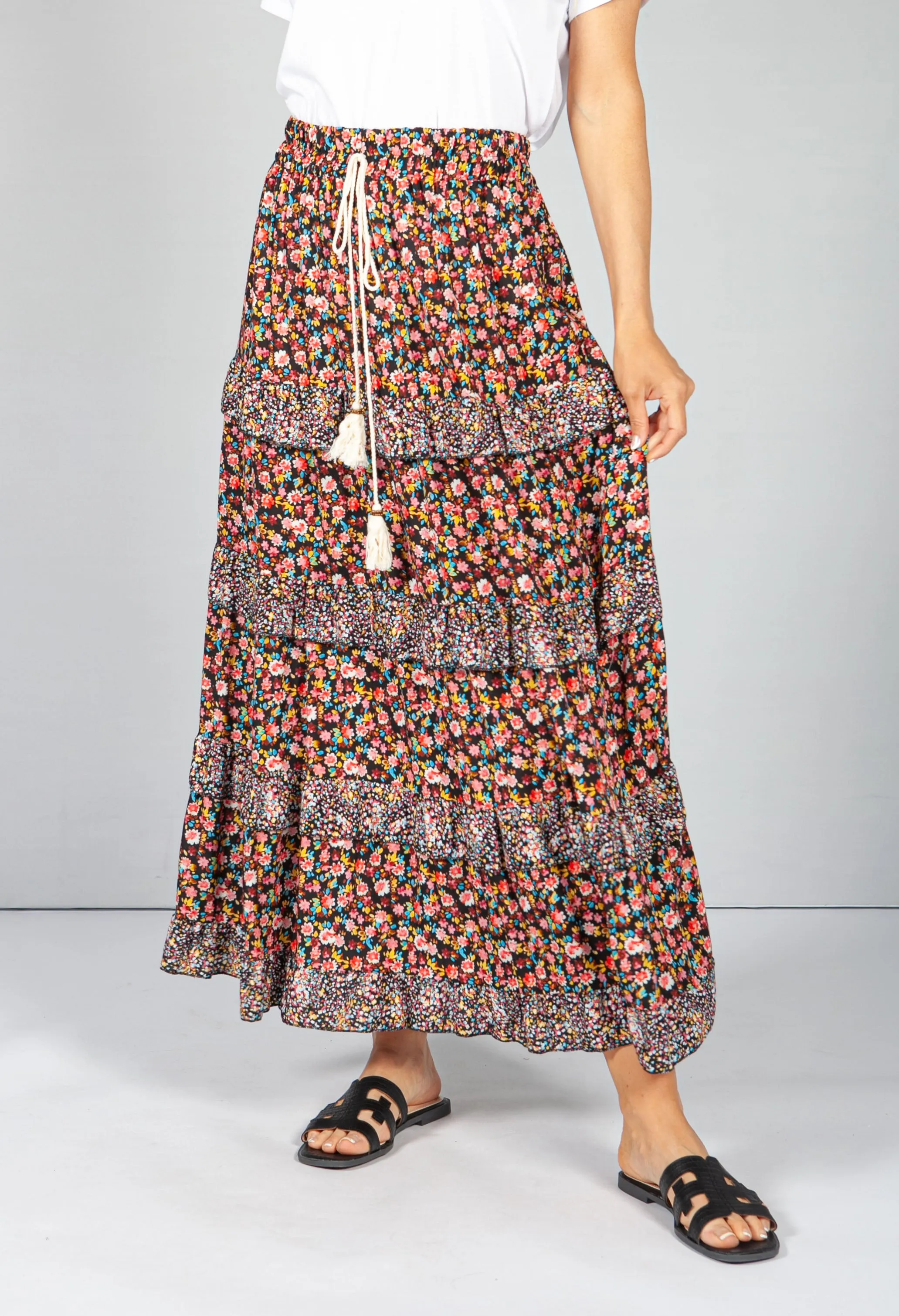 Red & Black Floral Maxi Skirt