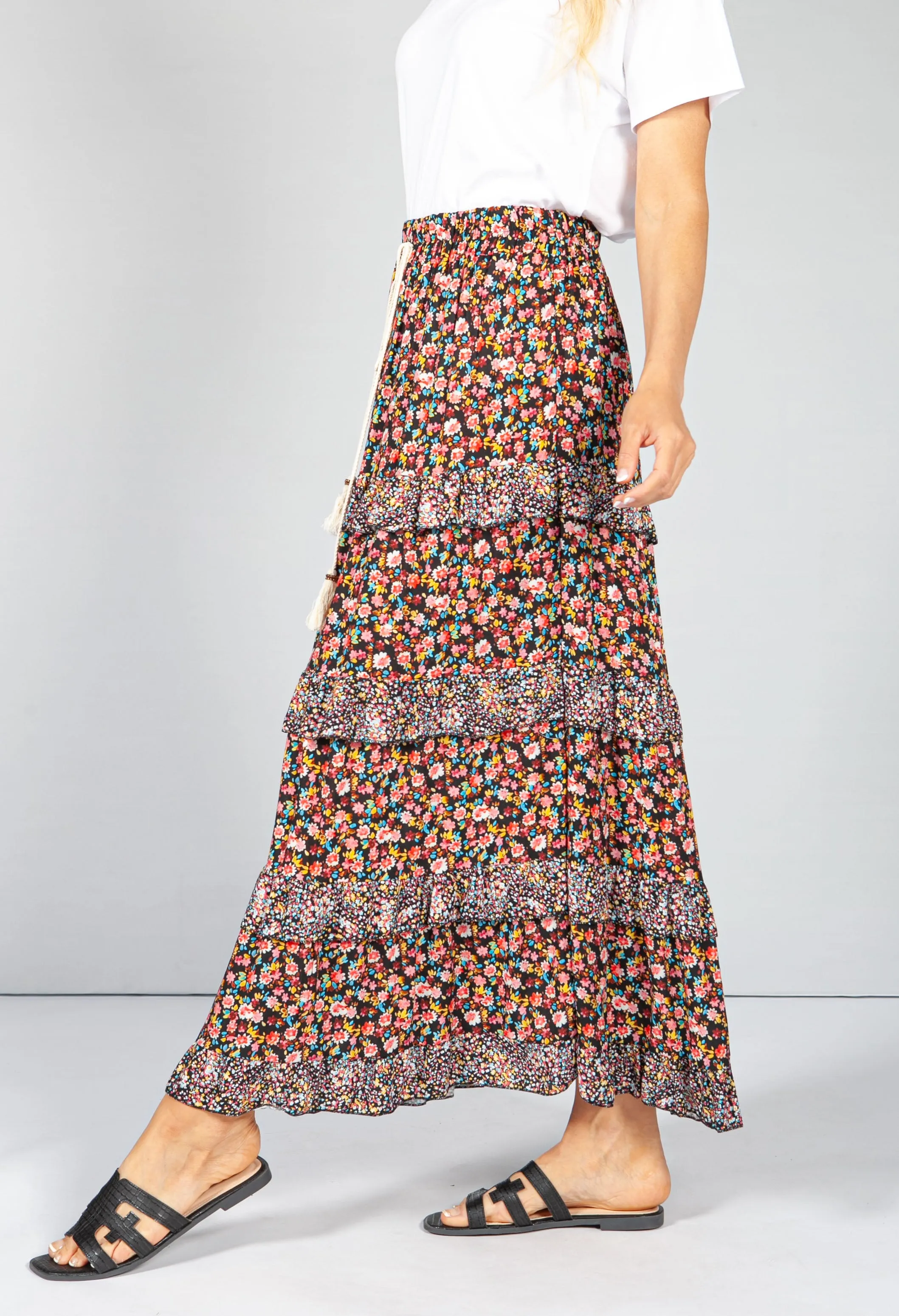Red & Black Floral Maxi Skirt