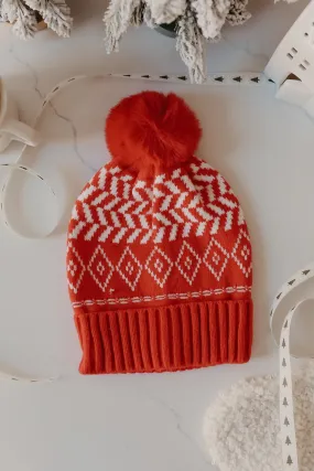 Red Aztec Print Pom Beanie