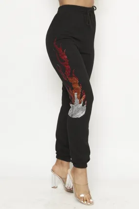 Rhinestone Flames Detail Elastic Waist Jogger Pants (51P21236)Y