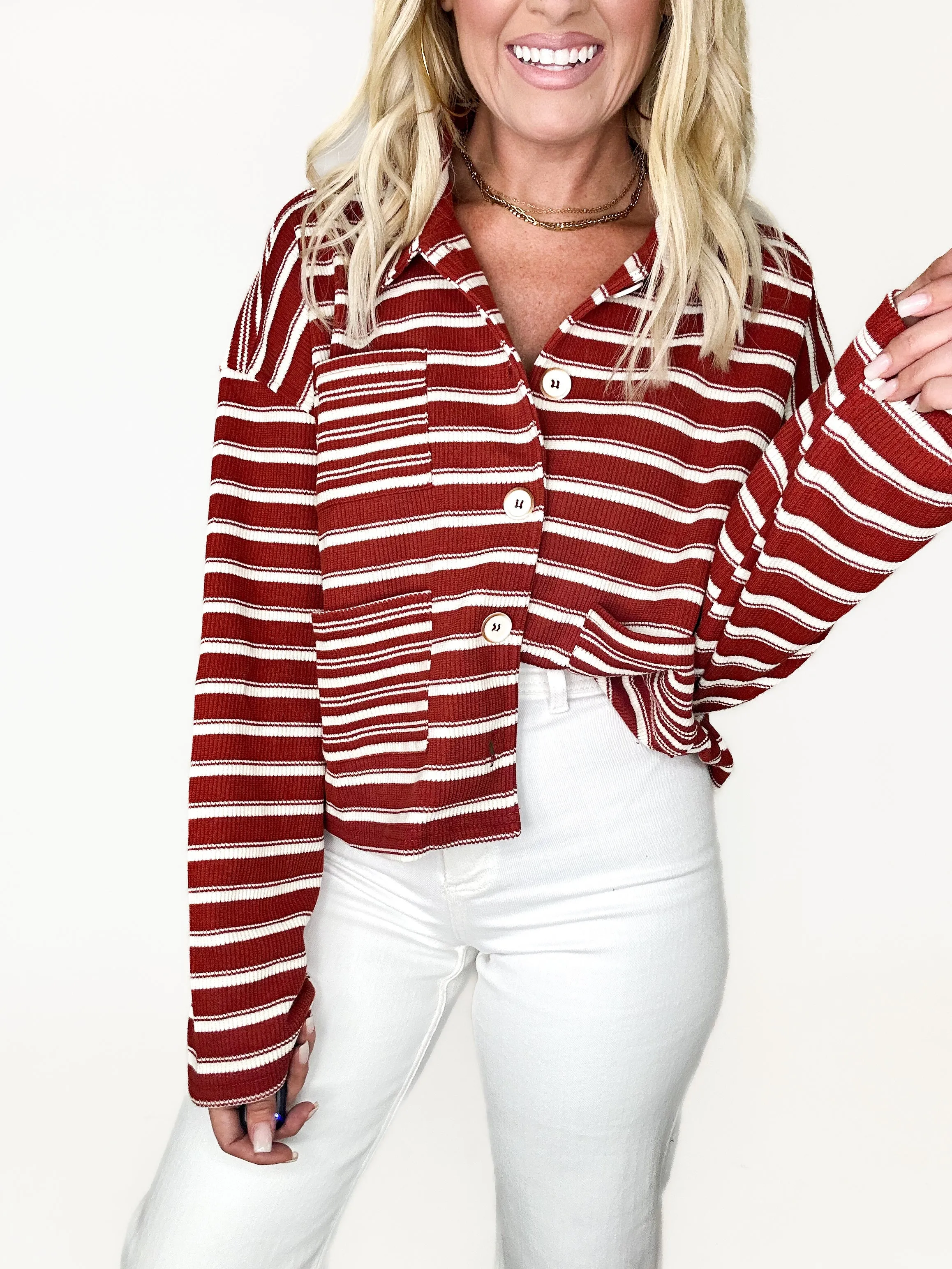 Rust Ribbed Stripe Shacket