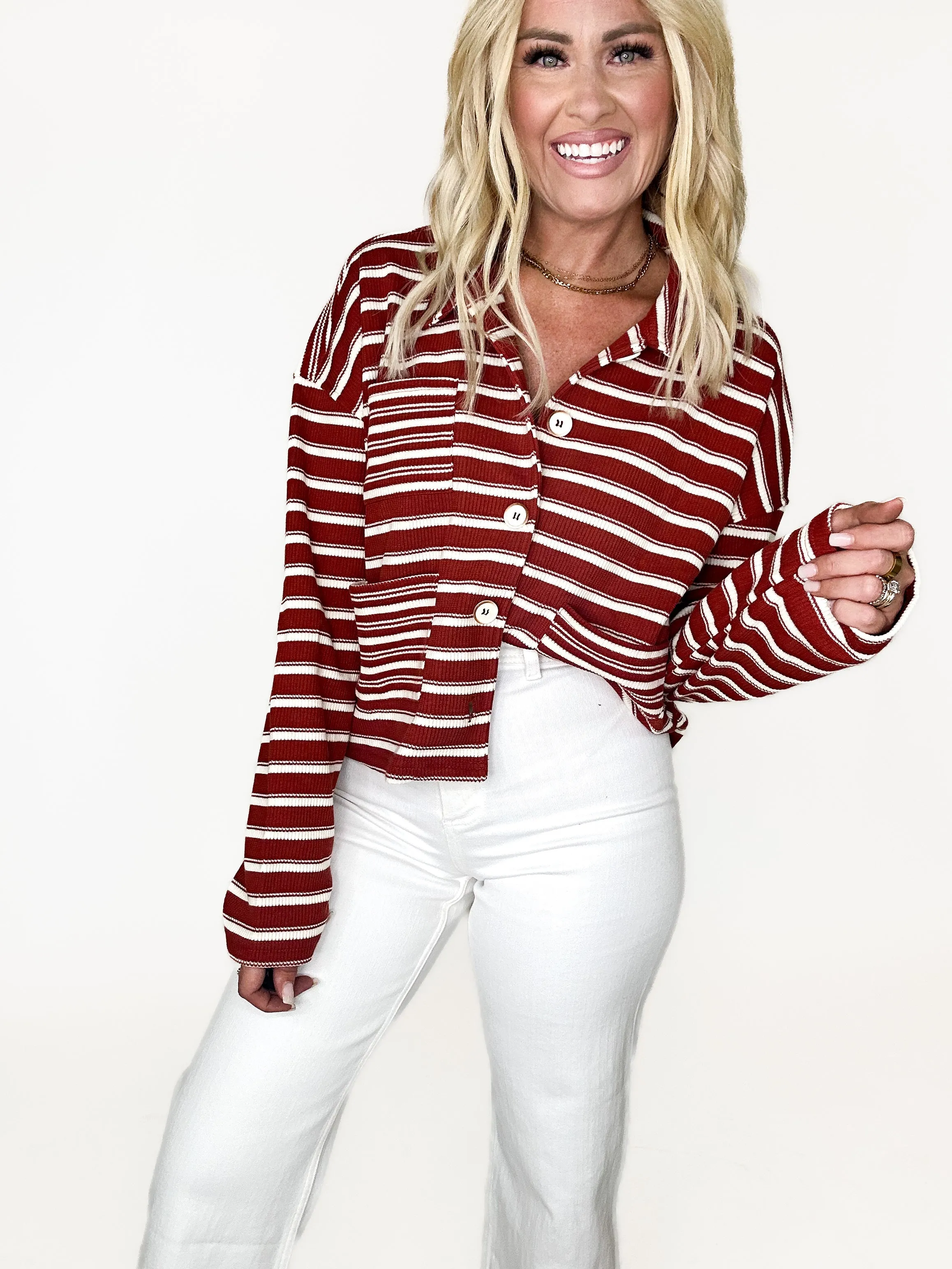 Rust Ribbed Stripe Shacket
