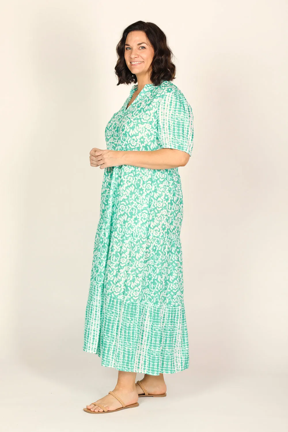 Sabre V-Neck Dress in Shibori Turquoise