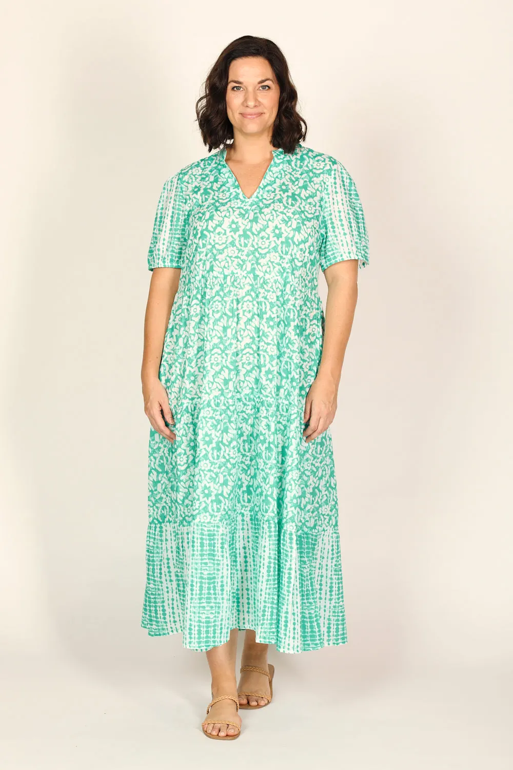 Sabre V-Neck Dress in Shibori Turquoise
