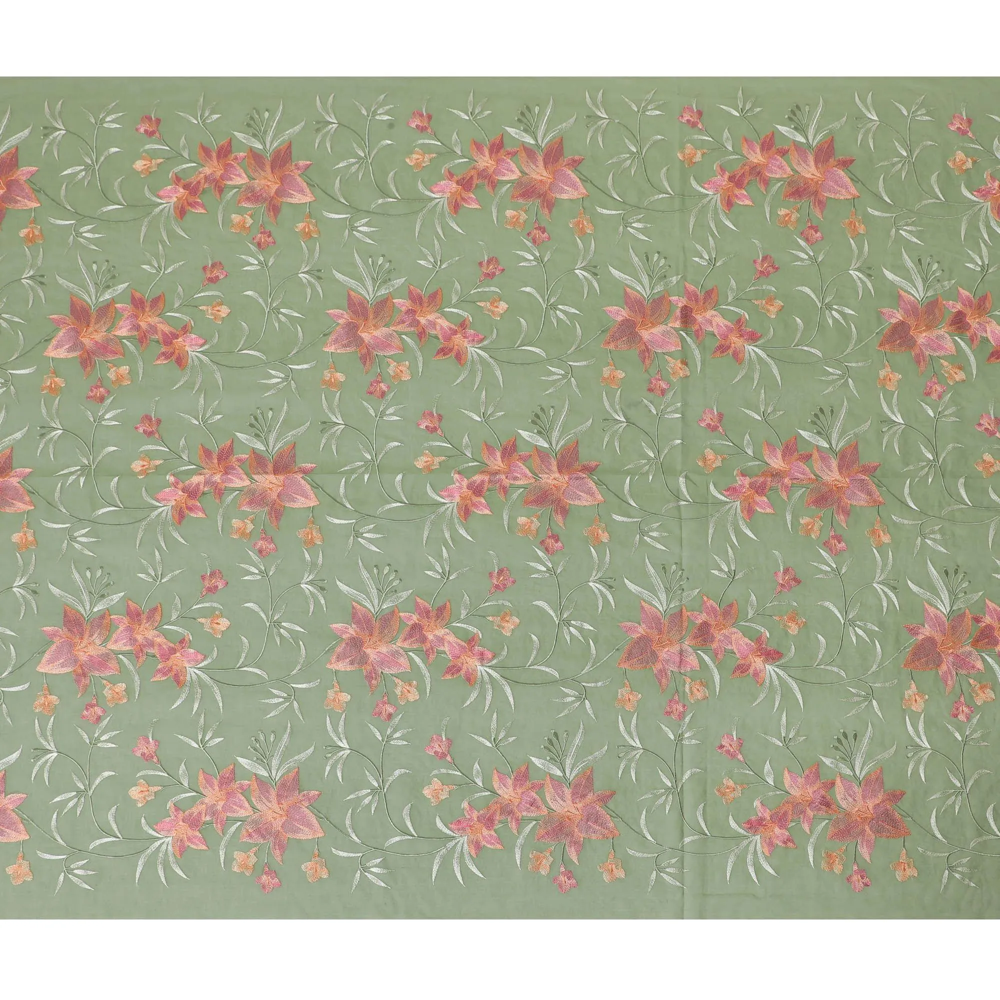 Sage green Premium pure cotton voile fabric with same tone, peach and mint green embroidery in floral design-D15246