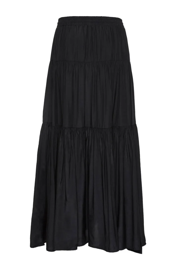 Sensational Black Tiered Satin Tie Waist Maxi Skirt